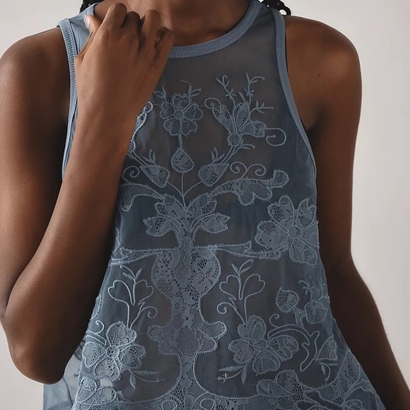 NWT Anthropologie Blue Floral Mesh Tank Medium - Picture 4 of 7